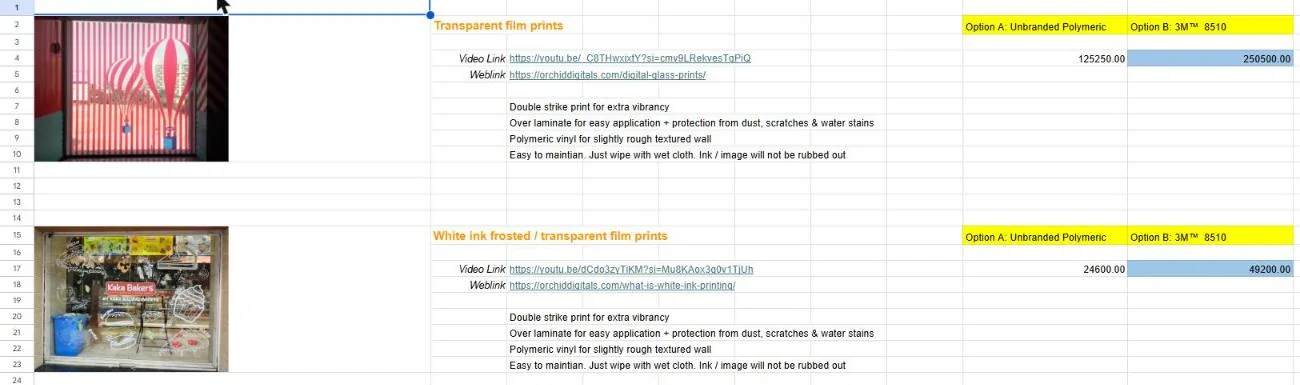 The Pricing Dashboard tab of the Nugen proposal sheet: each material with a sample photo, a video link, a web link, its features and Option A and Option B totals