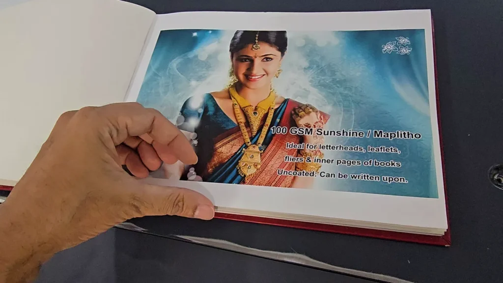 Paper sample album page: 100 GSM maplitho, uncoated paper you can write on