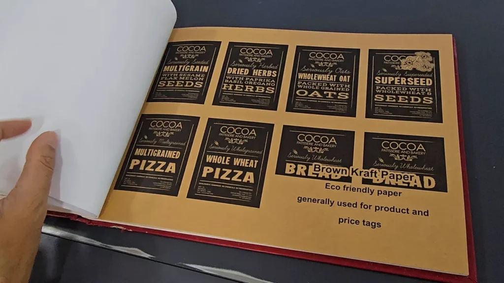 Paper sample album page: eco-friendly brown kraft paper with product tags