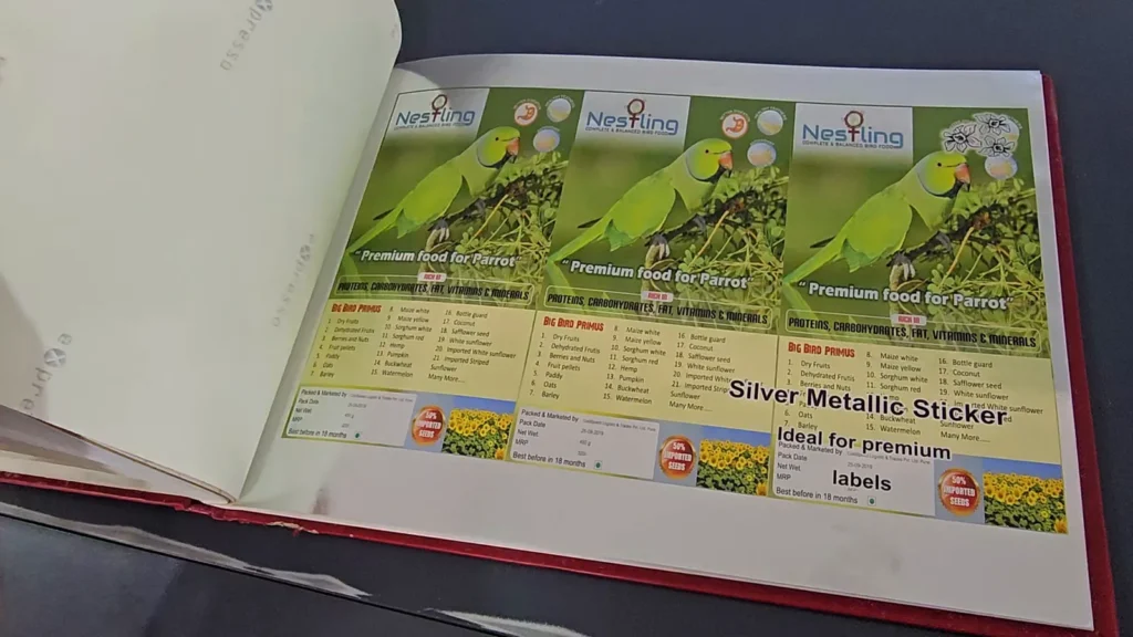 Paper sample album page: silver metallic stickers for labels