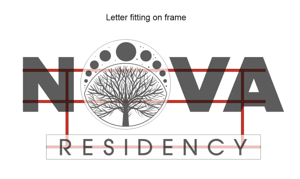 Page from our proposal: how the NOVA RESIDENCY letters fit on a frame of horizontal and vertical bars