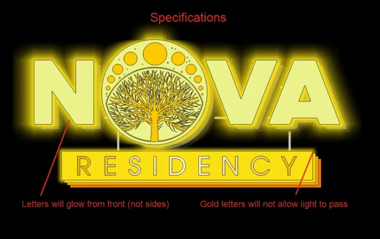 Night view from our proposal for the Nova arch: the letters glow from the front, not the sides