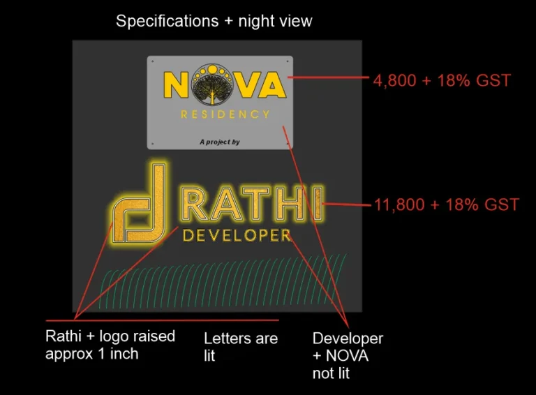 Night view and prices from our proposal for the Nova gate wall: the logo and RATHI raised about 1 inch and lit, NOVA and DEVELOPER not lit
