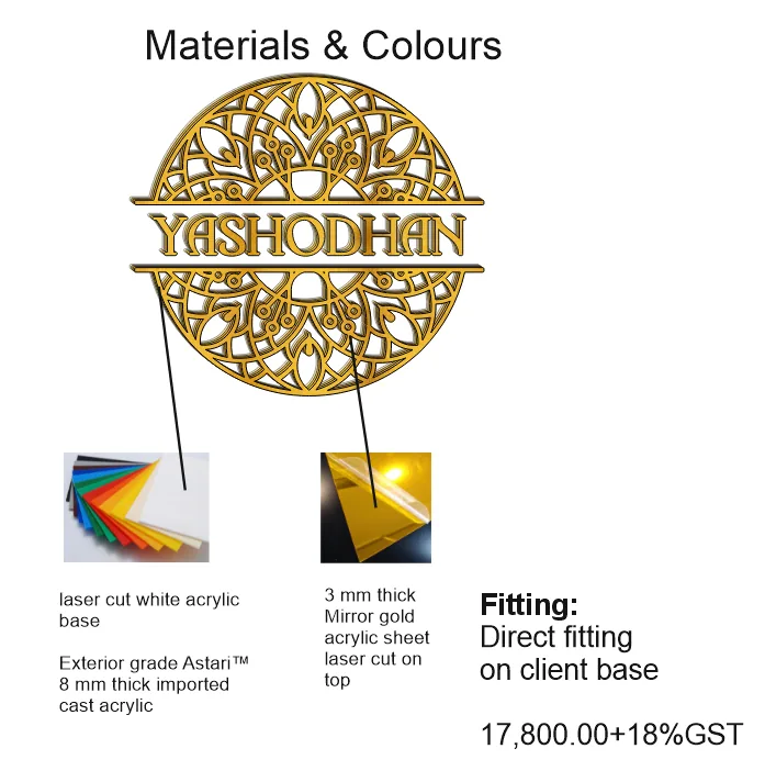 Materials page from our proposal for the lobby logo: 8 mm white acrylic base, 3 mm gold mirror acrylic on top