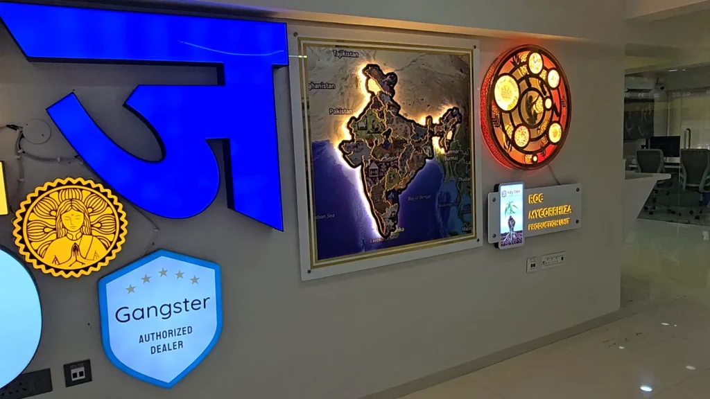 Back-lit India map panel and lit Devanagari letters on the sign wall